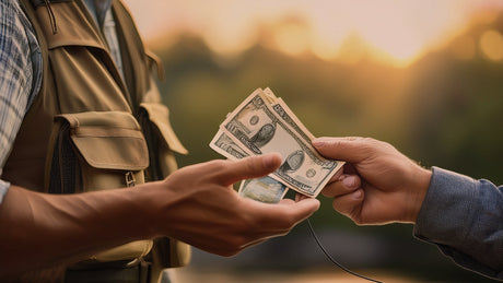 Close up of two people's hands with one giving the other person an assortment of paper money