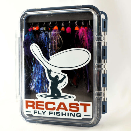 Recast Fly Fishing logo sticker on a box of steelhead flies