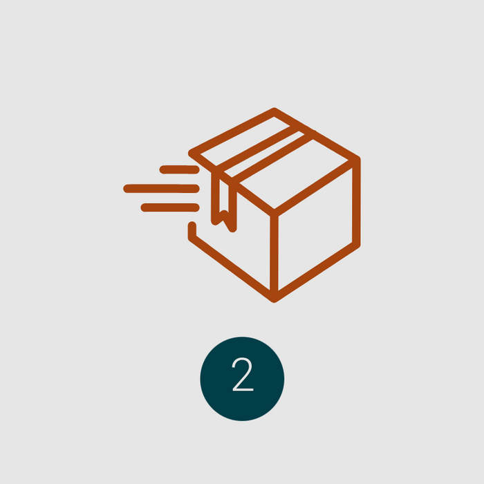 Icon of a shipping box with lines suggesting it is in motion. Below is a number two.