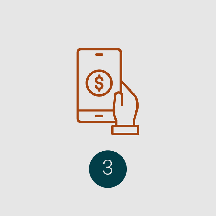 Icon of a hand holding a mobile device with a dollar sign on it. Below is a number three.